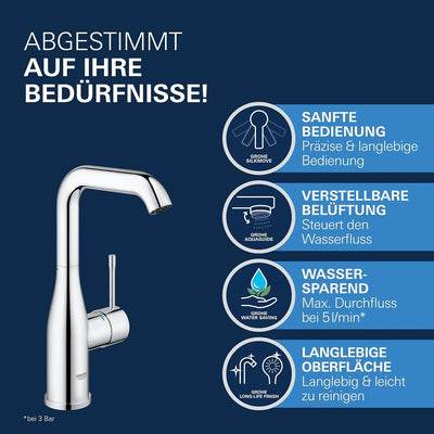 GROHE Essence - Einhand-Waschtischarmatur (wassersparend, Temperaturbegrenzer, L-Size), chrom, 23799