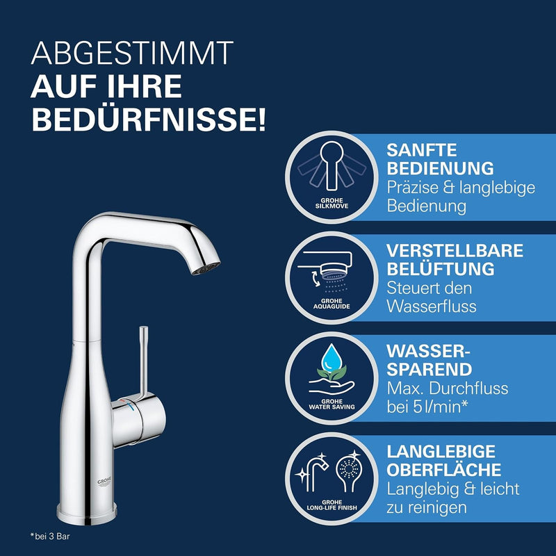 GROHE Essence - Einhand-Waschtischarmatur (wassersparend, Temperaturbegrenzer, L-Size), chrom, 23799