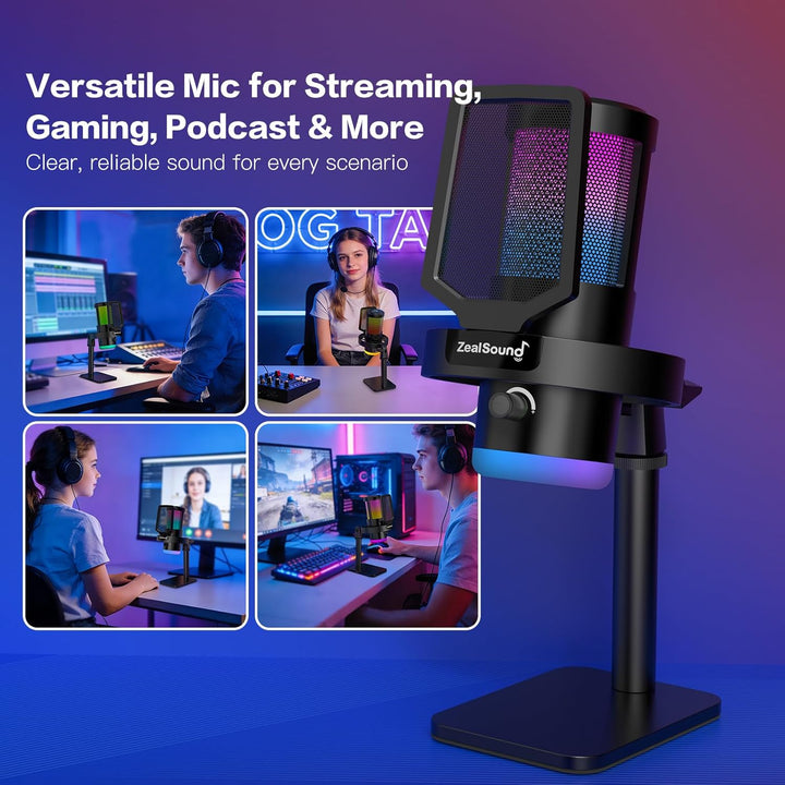 zealsound Kabellos USB Kondensator Mikrofon für PC Laptop & Handy, RGB Desktop Gaming Mikrofon, 24Bi