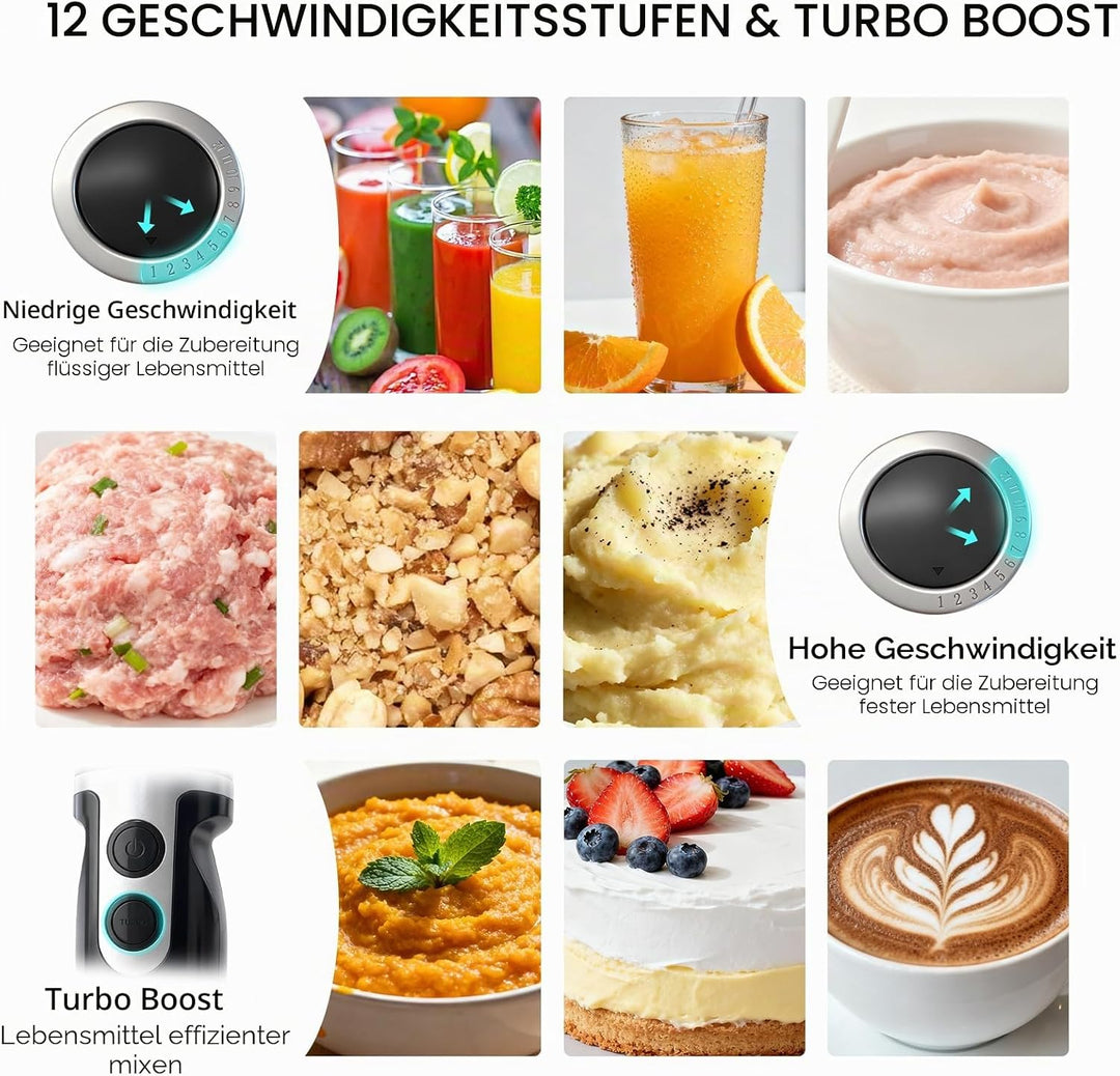 MegaWise 3-in-1 Stabmixer mit Titanbeschichtung, 400W Leistung mit 12 Geschwindigkeiten, 80% Schärfe