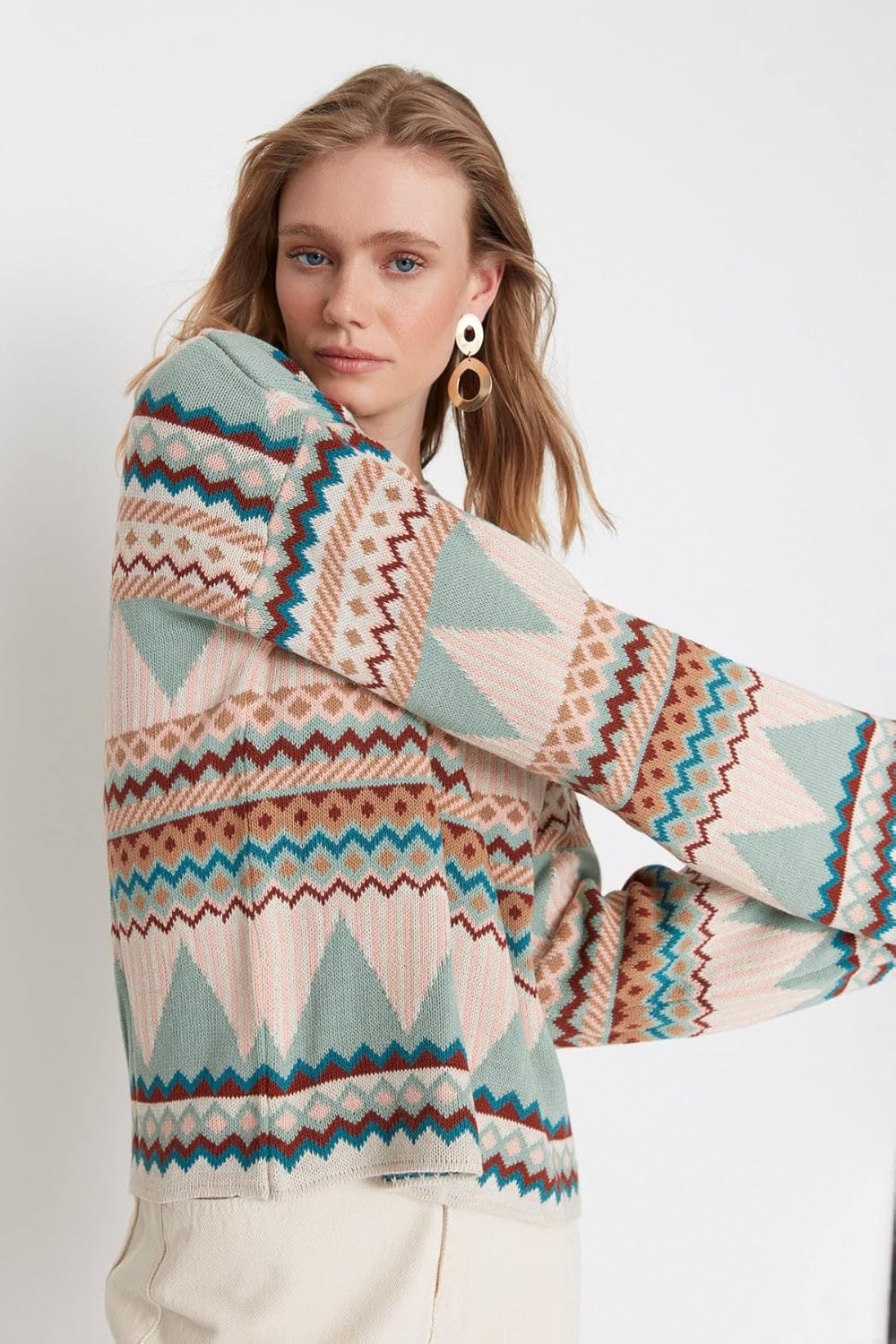 TRENDYOL Damen Jacquard-Pullover mit Rundhalsausschnitt, Regulärer Schnitt Sweatshirt, Minze