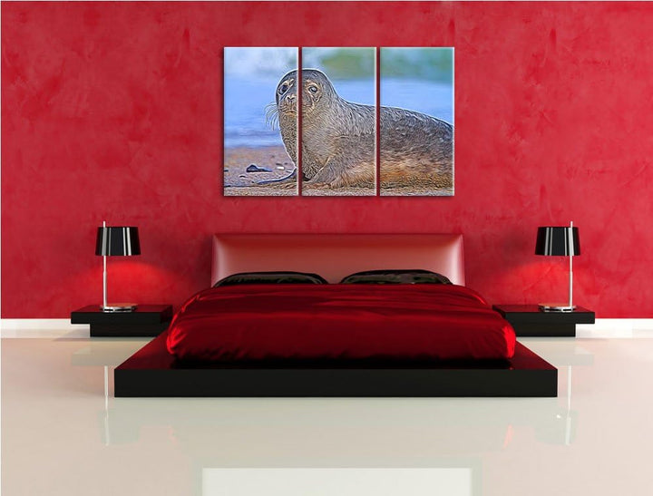 niedliche Robbe am Strand NewArt 3-Teiler Leinwandbild 120x80 Bild auf Leinwand, XXL riesige Bilder