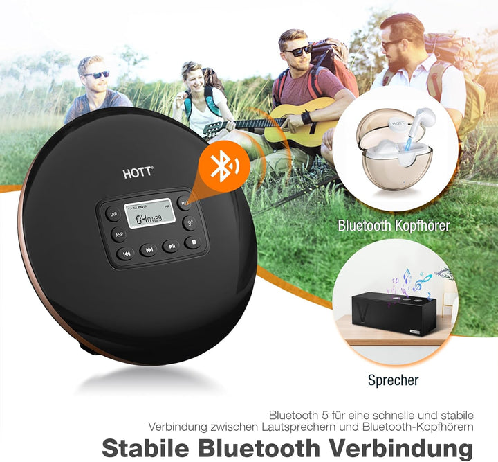 CD Player Tragbar, Tragbarer CD Player mit Bluetooth, Aufladbar CD-Player mit Kopfhörer und AUX Lini