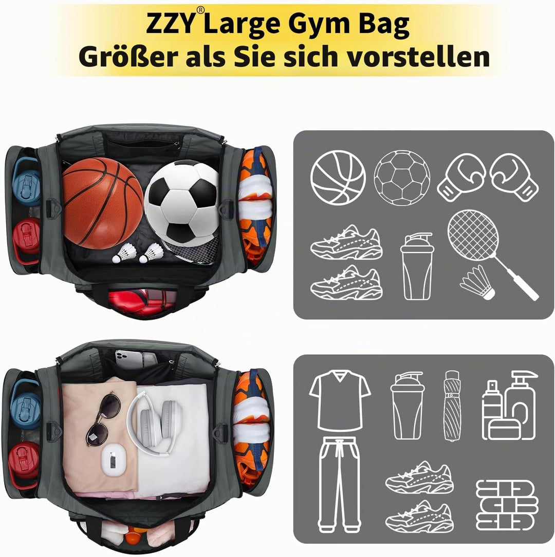 ZZY 55L Sporttasche Herren mit 2 Seitentaschen grosse Reisetasche für Fitness, Training und Reisen 5