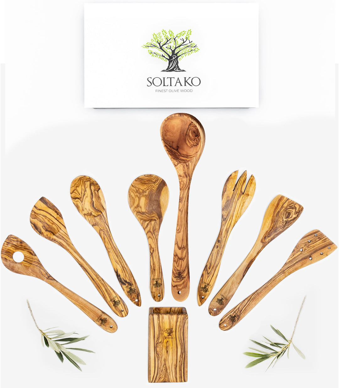 SOLTAKO Küchenutensilien 8er Set inkl. Besteckhalter Salatbesteck Kochlöffel Holz Pfannenwender Holz