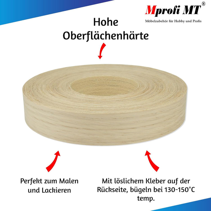 Mprofi MT® (10m Rolle) Kantenumleimer-Echtholz Furnier Umleimer mit Schmelzkleber-Bügelkante für Reg