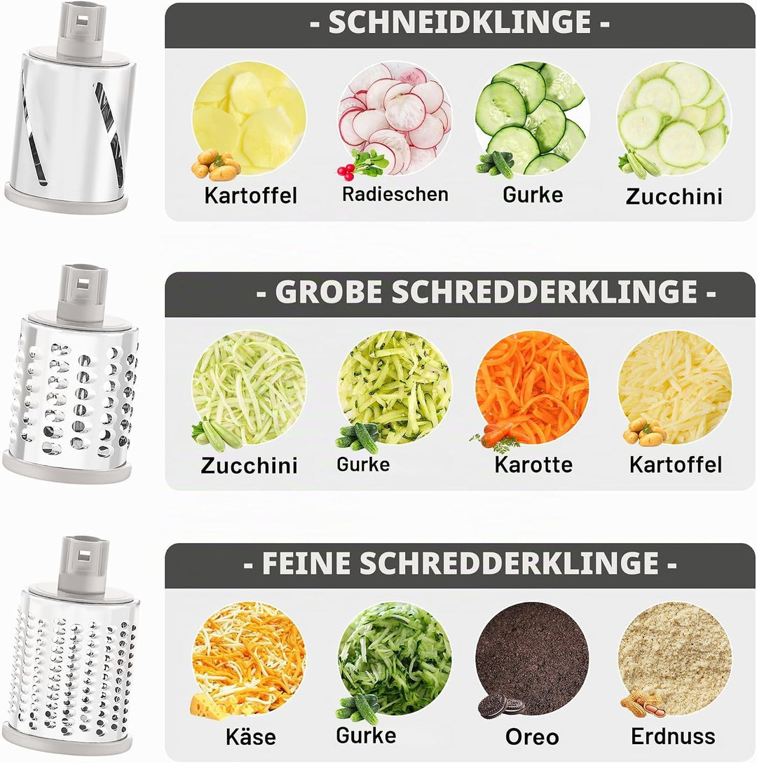 GDL Käsereibe, mit 6 Trommelblättern Gemüsehobel, Starker Saugfuss Gemüseschneider, Sicher und Stabi