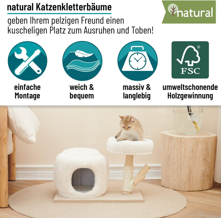 VOSS.pet Flauschiges Katzenhaus Mary 42cm, Premium Kratzbaum mit Naturholz vom Tanoak Baum, Kletterb
