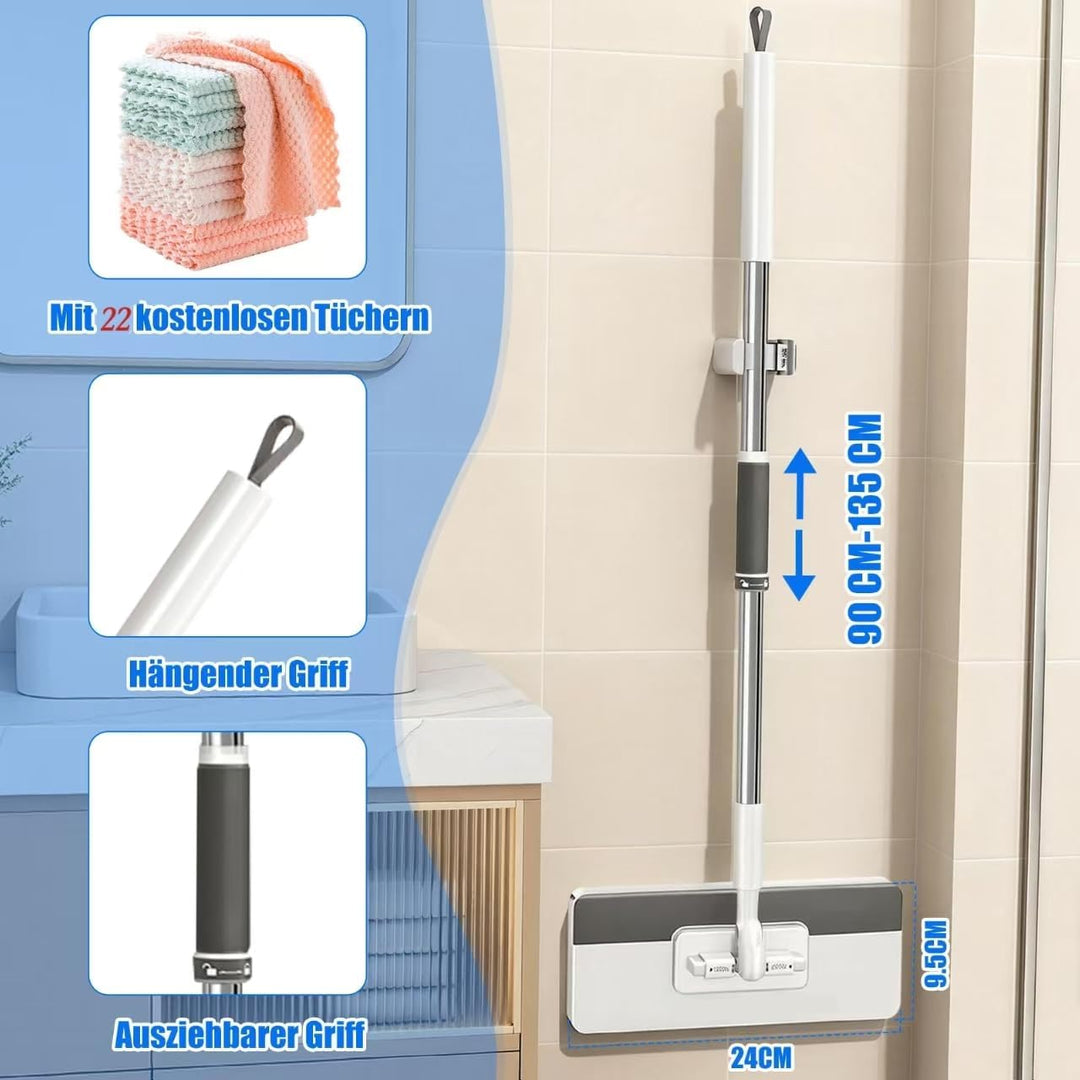 Wischmopp mit Druck-Klemm-System, 22 Mikrofasertücher, Teleskopstiel | Wischmopp mit Druck-Klemm-Sys