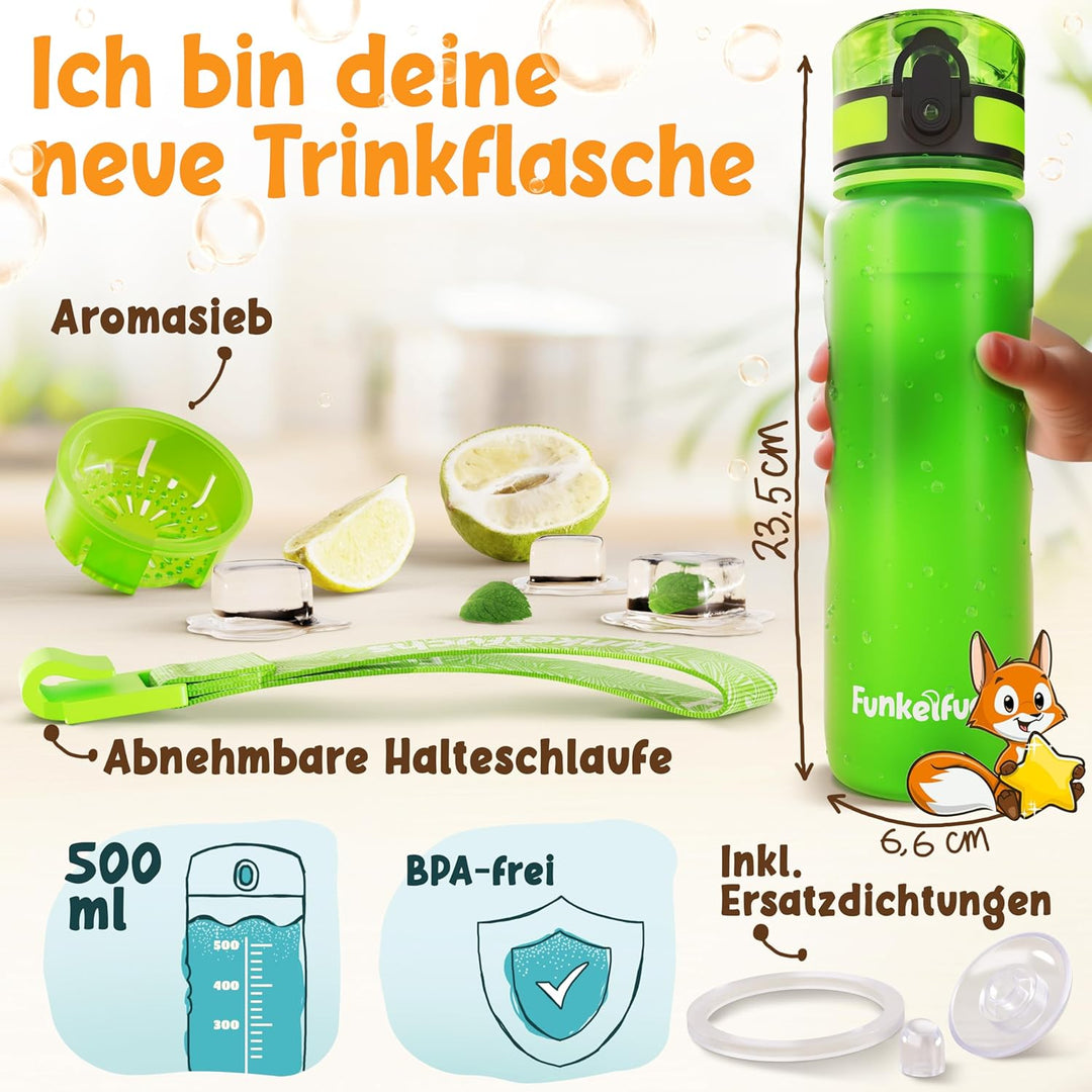 Funkelfuchs® - Trinkflasche für Kinder – 500ml, Grün – Kohlensäure geeignet - 100% auslaufsicher - W