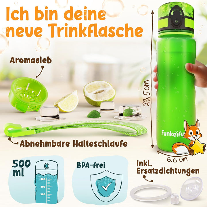 Funkelfuchs® - Trinkflasche für Kinder – 500ml, Grün – Kohlensäure geeignet - 100% auslaufsicher - W