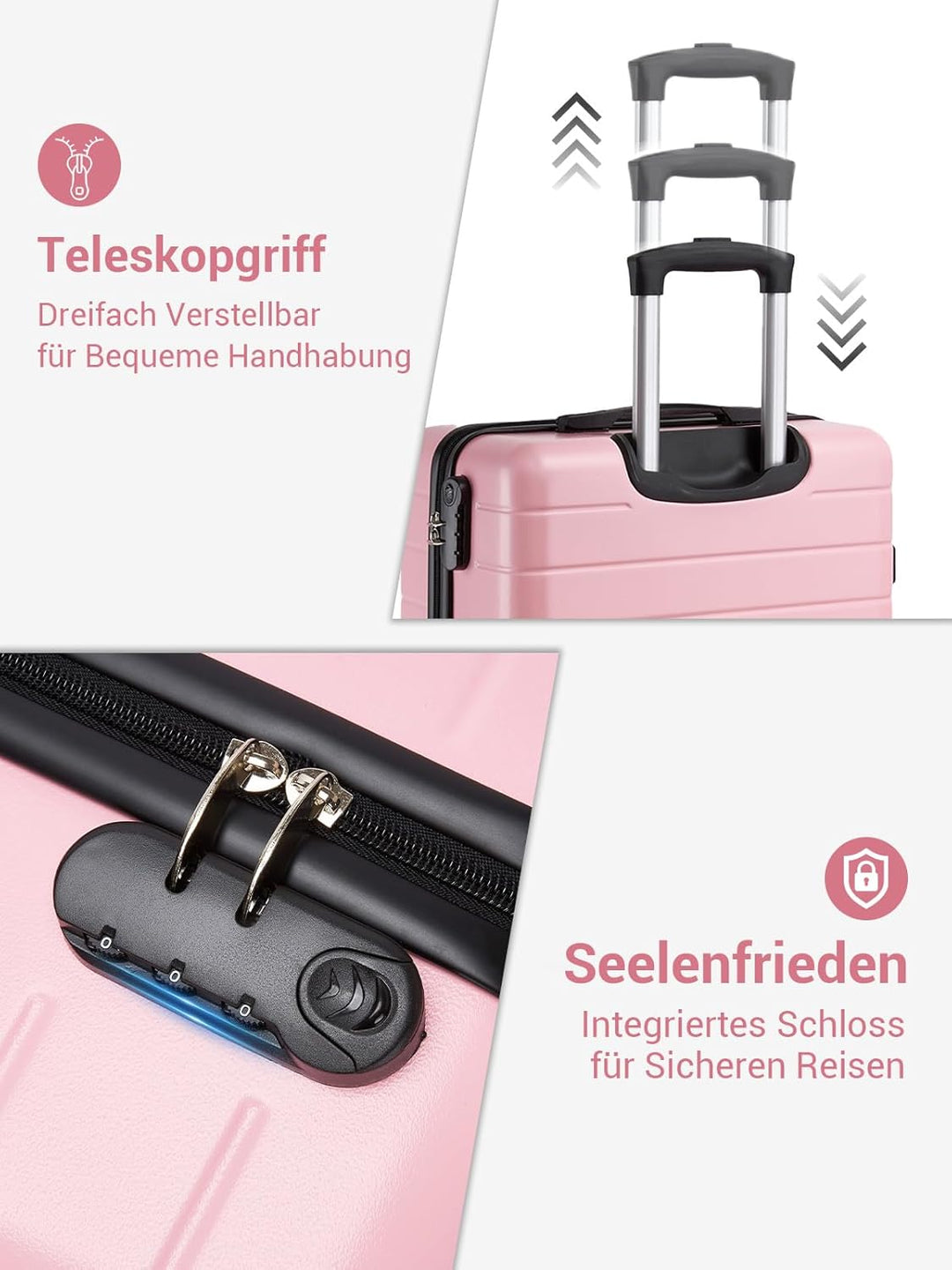 Handgepäck Koffer 55x40x20 cm, Hartschalenkoffer aus ABS, Leichter Trolley mit 4 Leisen 360° Doppelr