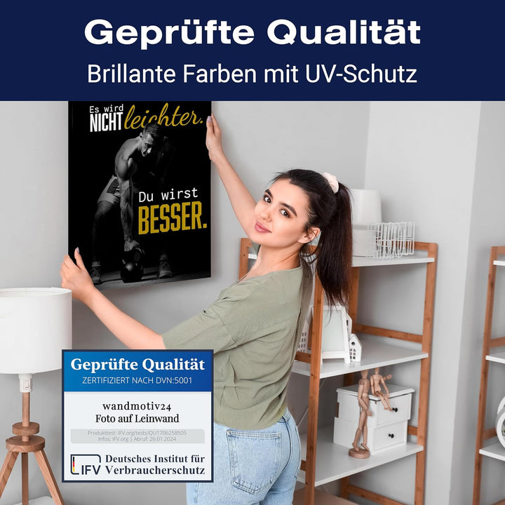 wandmotiv24 Motivations Motiv als Leinwandbild, 60x45cm, Hochformat, Motivation, Besser, Hantel, Fit