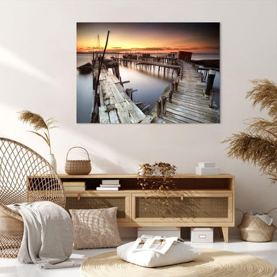 Bilder auf Leinwand 100x70cm Leinwandbild mit Rahmen Brücke Boot Meer Gross Wanddeko Bild Schlafzimm