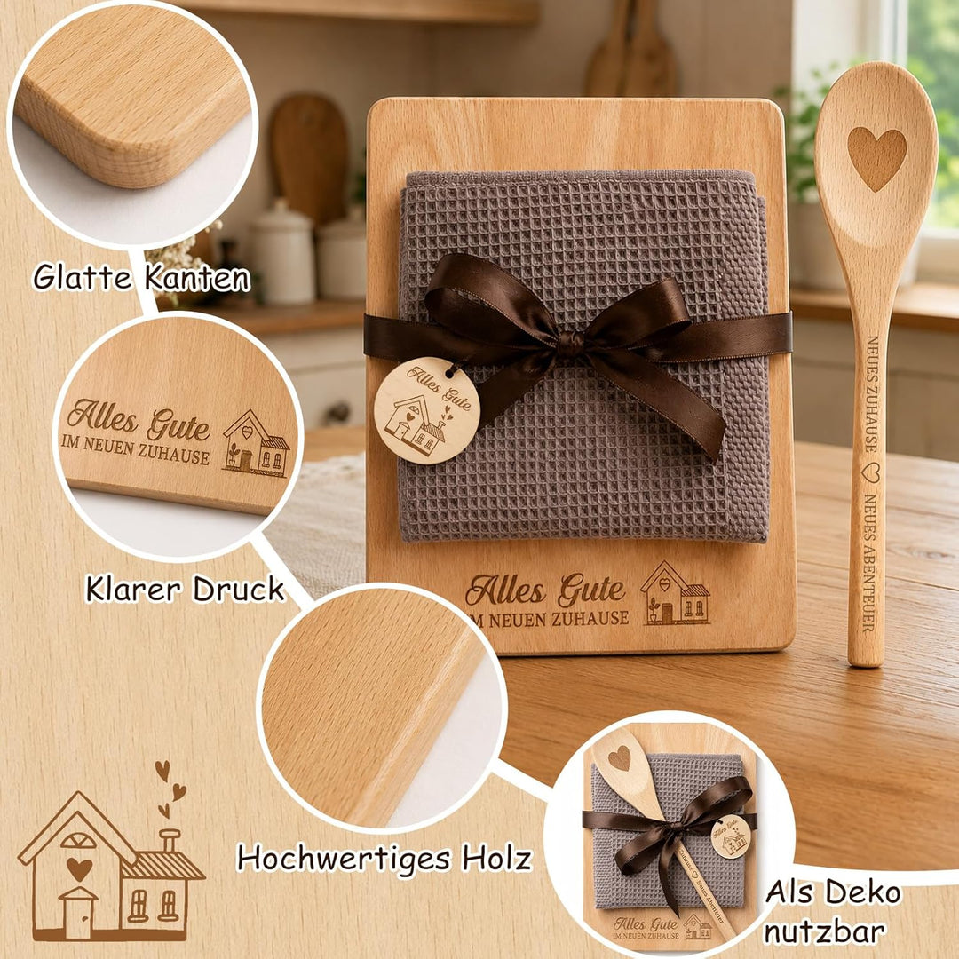 Giftota Einzugsgeschenke zum Einzug – Geschenk neues Zuhause mit graviertem Holzschneidebrett, Baumw