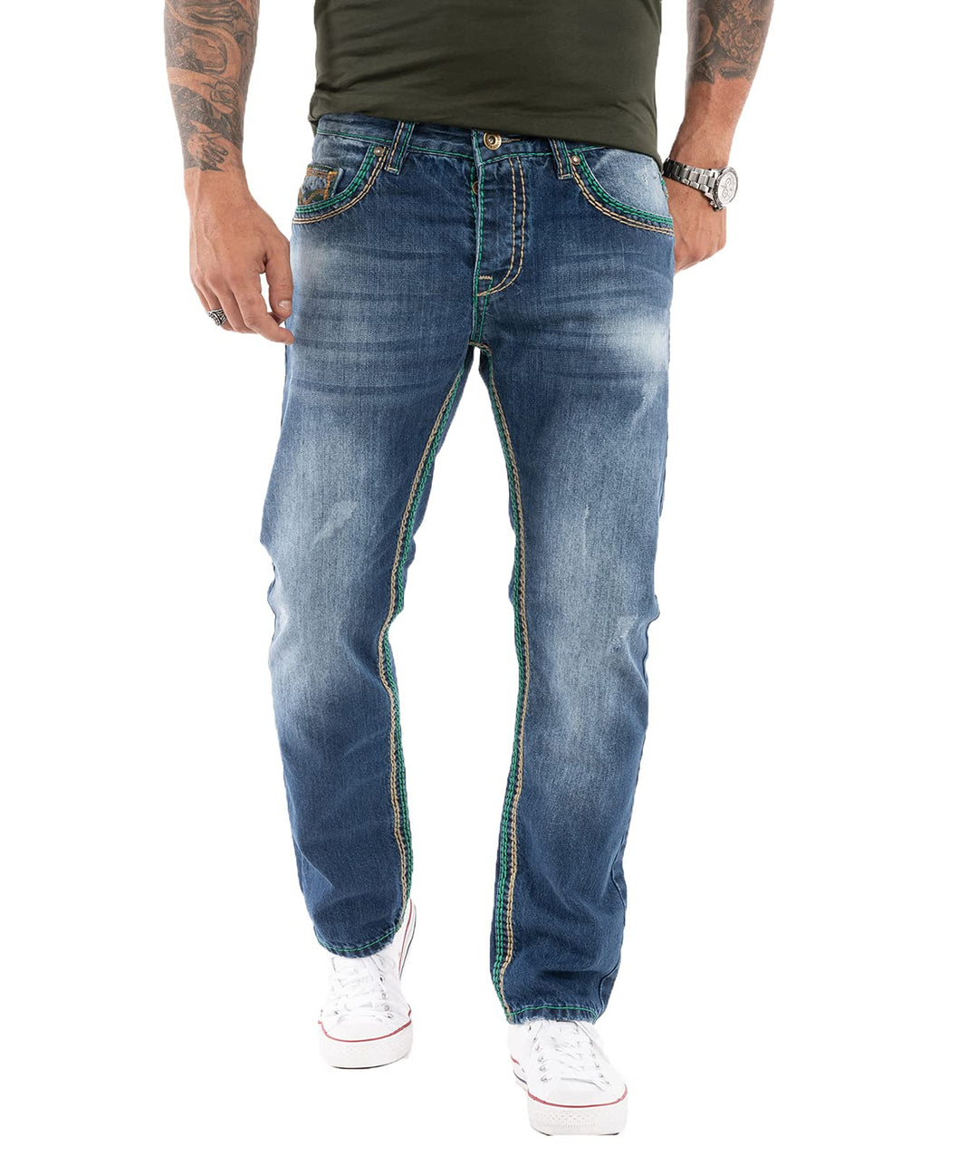 Rock Creek Herren Designer Jeans Hose Dicke Nähte Vintage Blau RC-2056 34W / 34L Dunkelblau - Rc-236