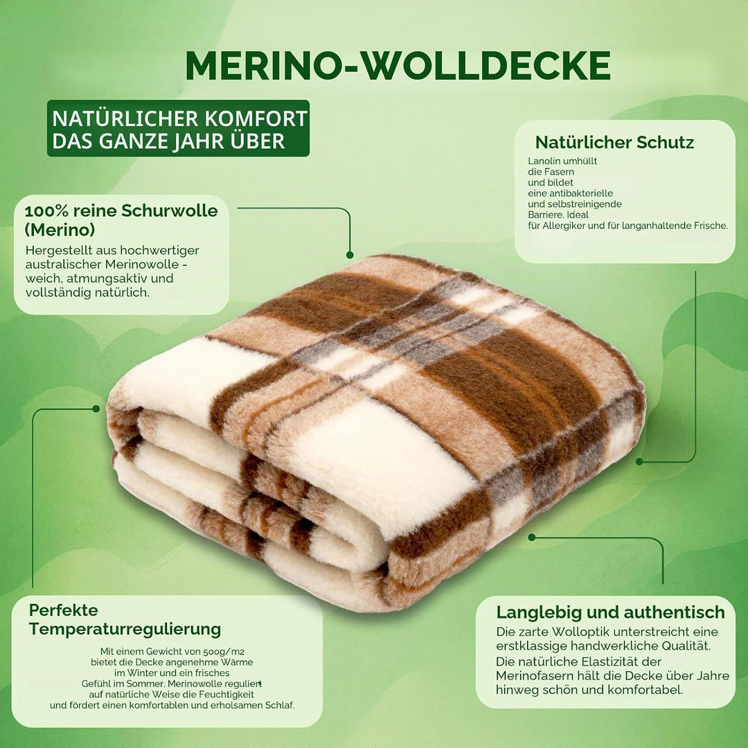 Merino Wolldecke Schurwolle 140x200 cm - Kuscheldecke aus 100% Merino Schafwolle - Gross und Flausch
