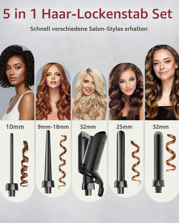 5 in 1 Lockenstab Set, Lockenstab mit Haar Crimper Waver und 4 Wechselbaren Keramischen Trommeln (0.