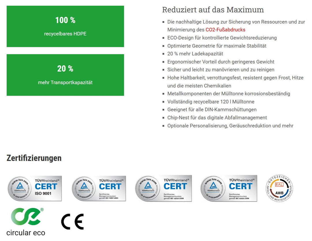 Sulo 120 Liter Müllbehälter Mülltonne Abfalltonne | Grau | Für alle DIN-Kammschüttungen |Made in DE|