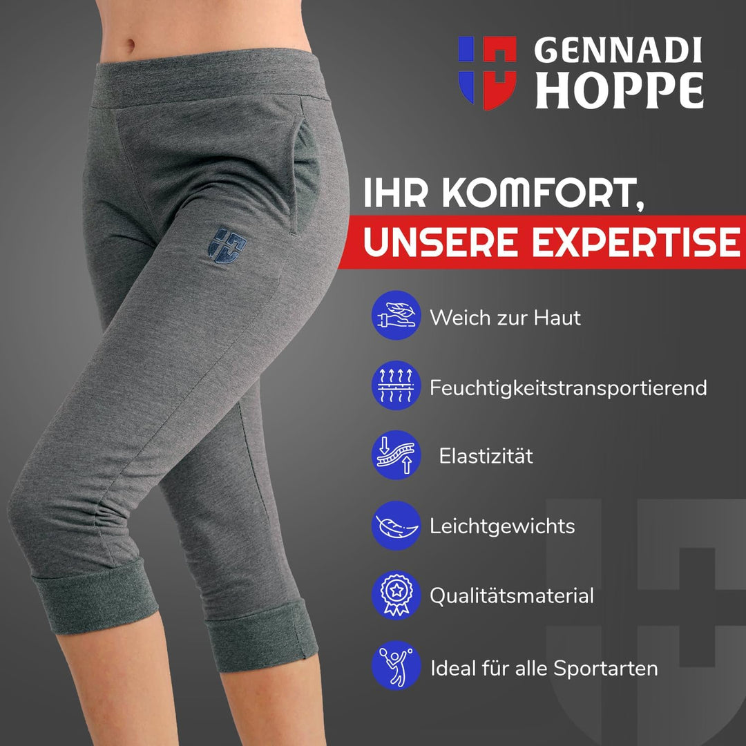 Gennadi Hoppe Damen 3/4 Trainingshose Sporthose kurz Hose Sport &amp; Fitness Shorts S Dunkel Grau, S Du