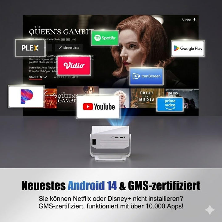 ZDK 2026 Upgrade Smart Beamer Integrierte Apps, Android 14, unterstützt 4K 1080P, Trapezkorrektur, W