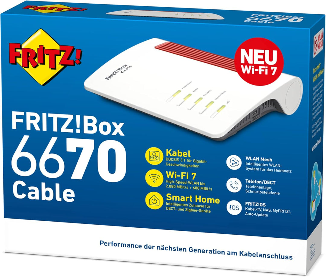 AVM FRITZ!Box 6670 Cable (DOCSIS-3.1-Kabelmodem, 2x2 Wi-Fi 7 mit 2.880 MBit/s (5 GHz) und 720 MBit/s