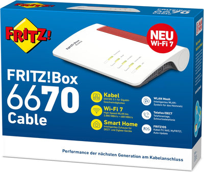 AVM FRITZ!Box 6670 Cable (DOCSIS-3.1-Kabelmodem, 2x2 Wi-Fi 7 mit 2.880 MBit/s (5 GHz) und 720 MBit/s