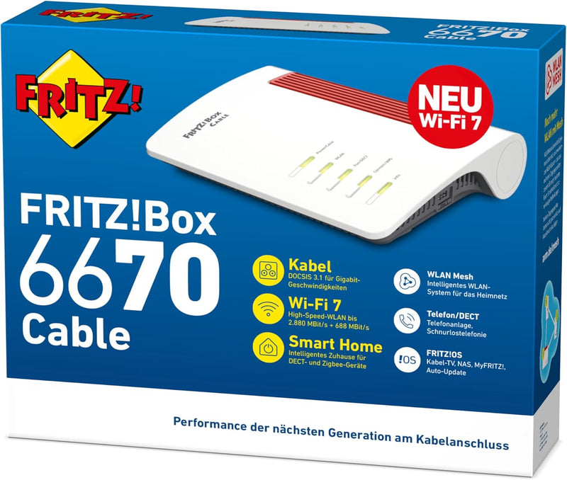 AVM FRITZ!Box 6670 Cable (DOCSIS-3.1-Kabelmodem, 2x2 Wi-Fi 7 mit 2.880 MBit/s (5 GHz) und 720 MBit/s
