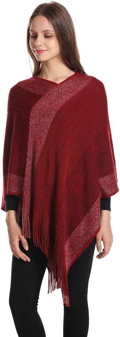 Damen-Poncho-Pullover, V-Ausschnitt, gestreift, Strickschal, Cape, Pullover mit Fransen, S-L Burgund