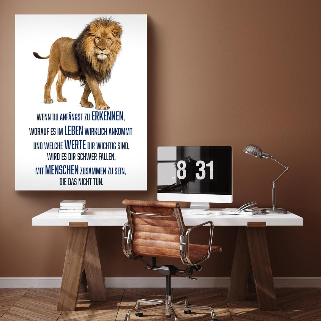 wandmotiv24 Motivations Motiv als Leinwandbild, 80x60cm, Hochformat, Werte, Löwe, Weiss, Blau, Tier,