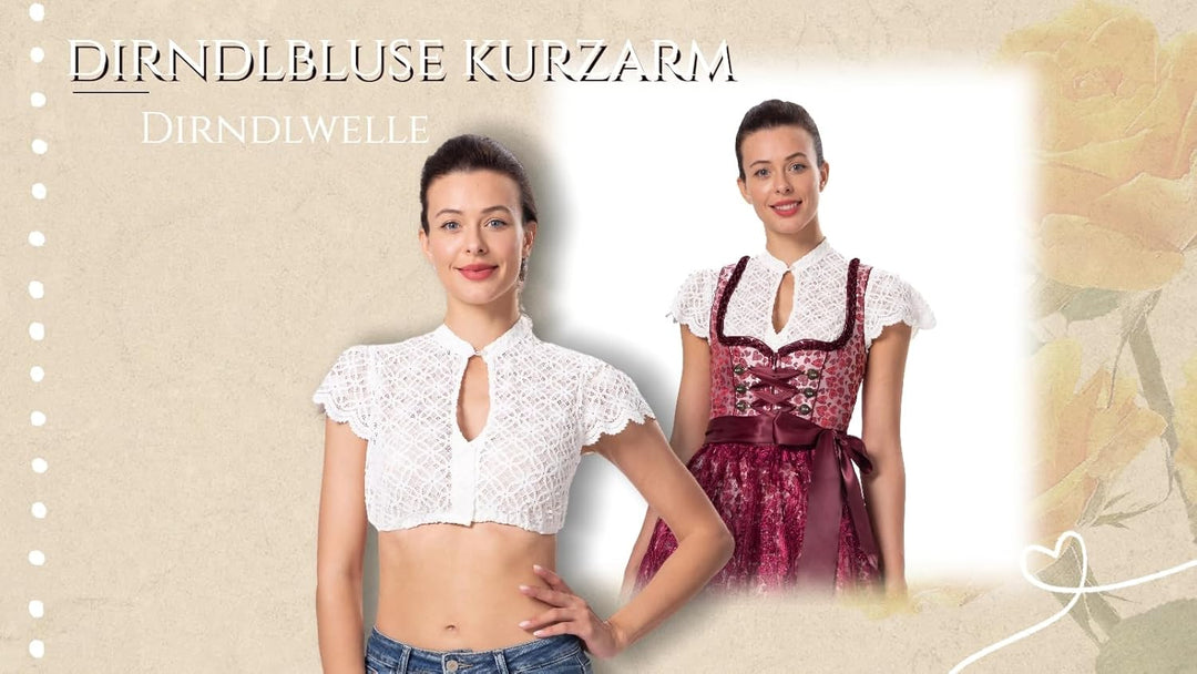 Dirndlwelle Dirndl Bluse Langarm Damen,Dirndlbluse 3/4 Arm Klassisch Rundhalsausschnitt Trachtenblus