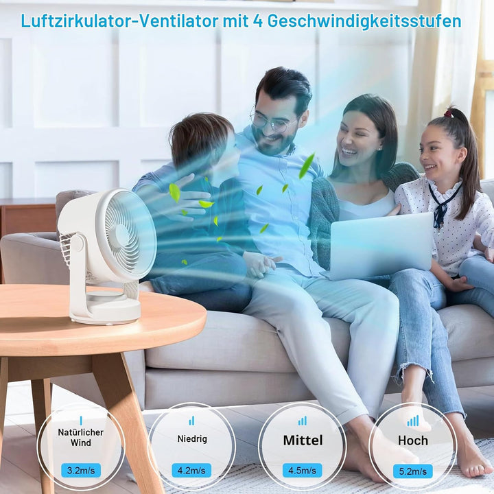 GuKKK Ventilator, Tischventilator Leise 5400mah, Umluftventilator 70° Oszillation mit 4 Geschwindigk