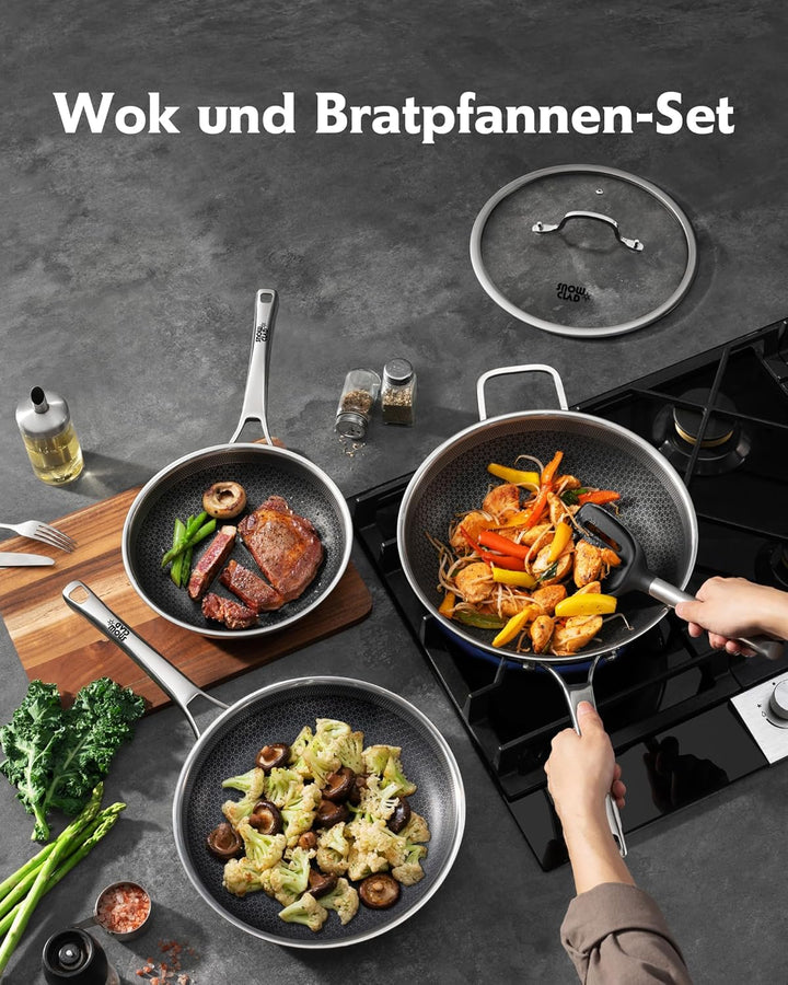 Wokpfanne 30cm &amp; Bratpfannen 24+28cm,Hybrid-Wok und Bratpfannen Set, Antihaft Wabenpfanne mit Deckel