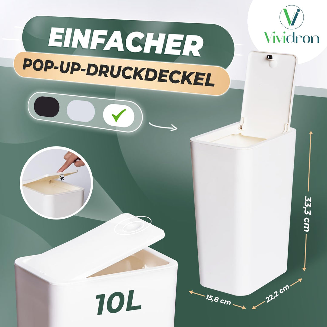 3er Pack 10L Kleiner Mülleimer mit Deckel, Badezimmer Abfalleimer mit Druckdeckel, Kleiner Mülleimer