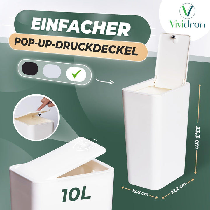 3er Pack 10L Kleiner Mülleimer mit Deckel, Badezimmer Abfalleimer mit Druckdeckel, Kleiner Mülleimer