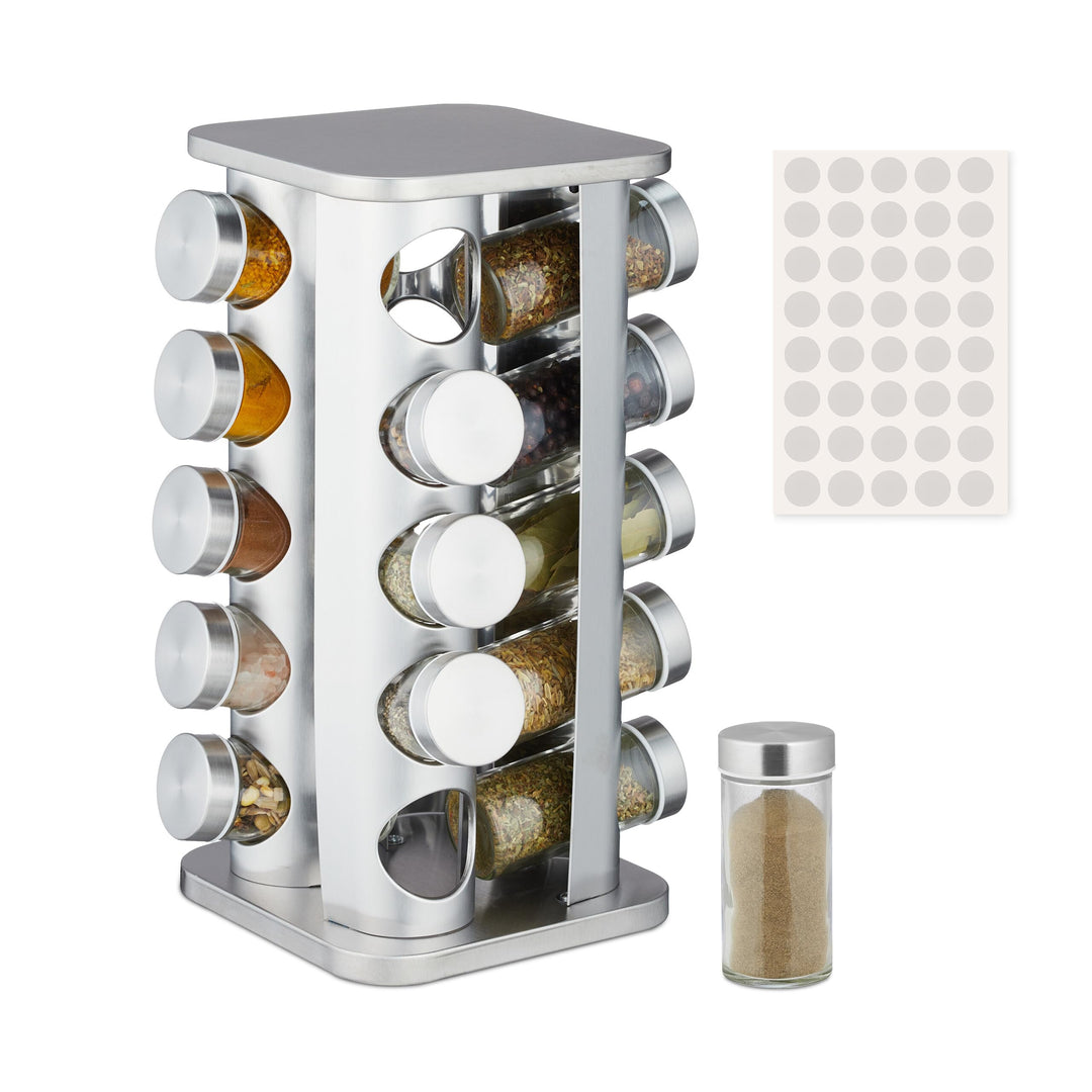 Relaxdays Gewürzkarussell, 20 Gewürzgläser, 40 Etiketten, 360° drehbar, Edelstahl, Glas, HBT: 33,5 x
