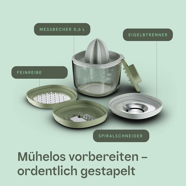 BergHOFF Home Küchenhelfer - 6 in 1 - Messbecher, Eiertrenner, Küchenreibe, Spiralschneider, Zitonen