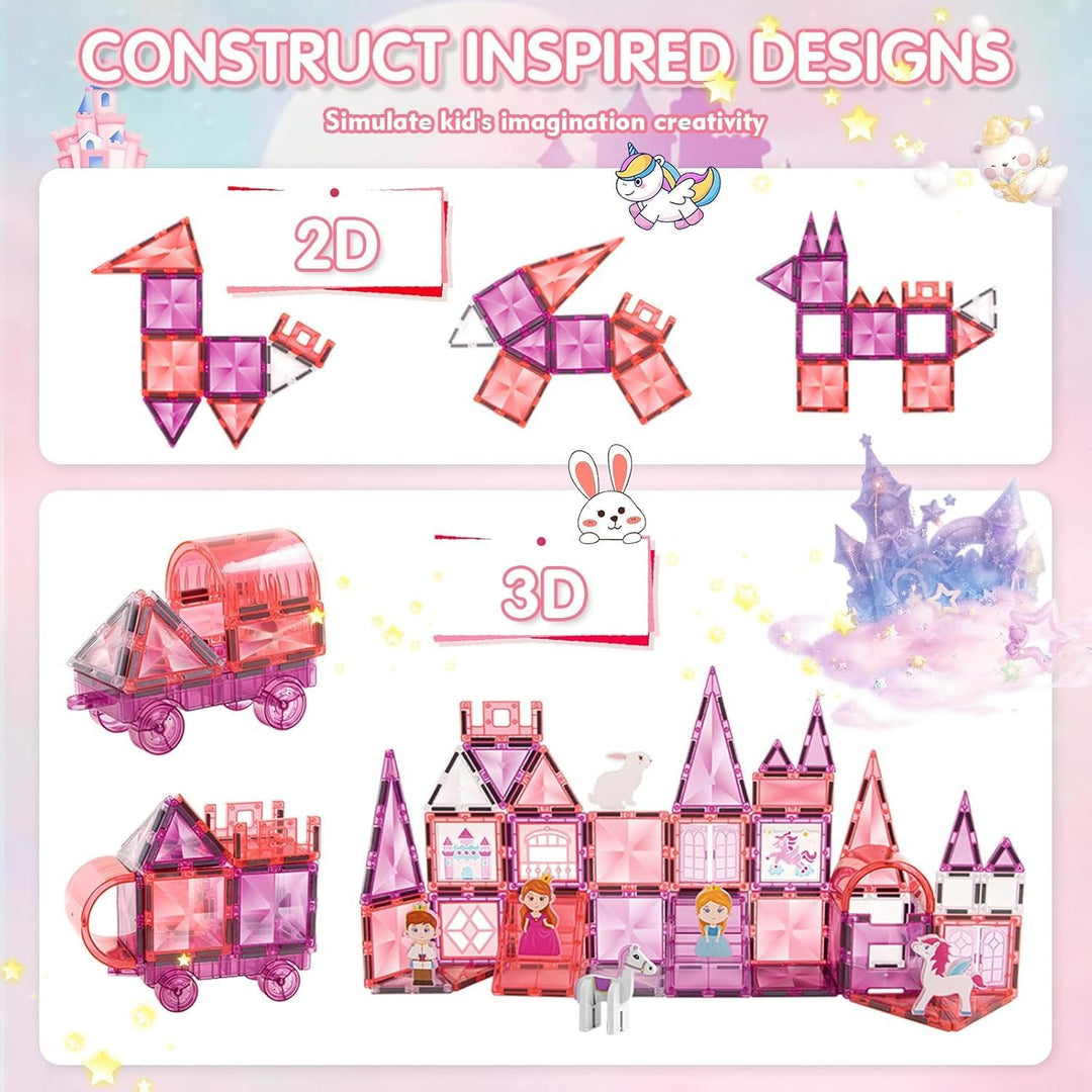 Magnetische Fliesen Set, 3D Märchen-Schloss in Pink, Magnetkacheln für Kinder ab 3 Jahren, STEM Baus