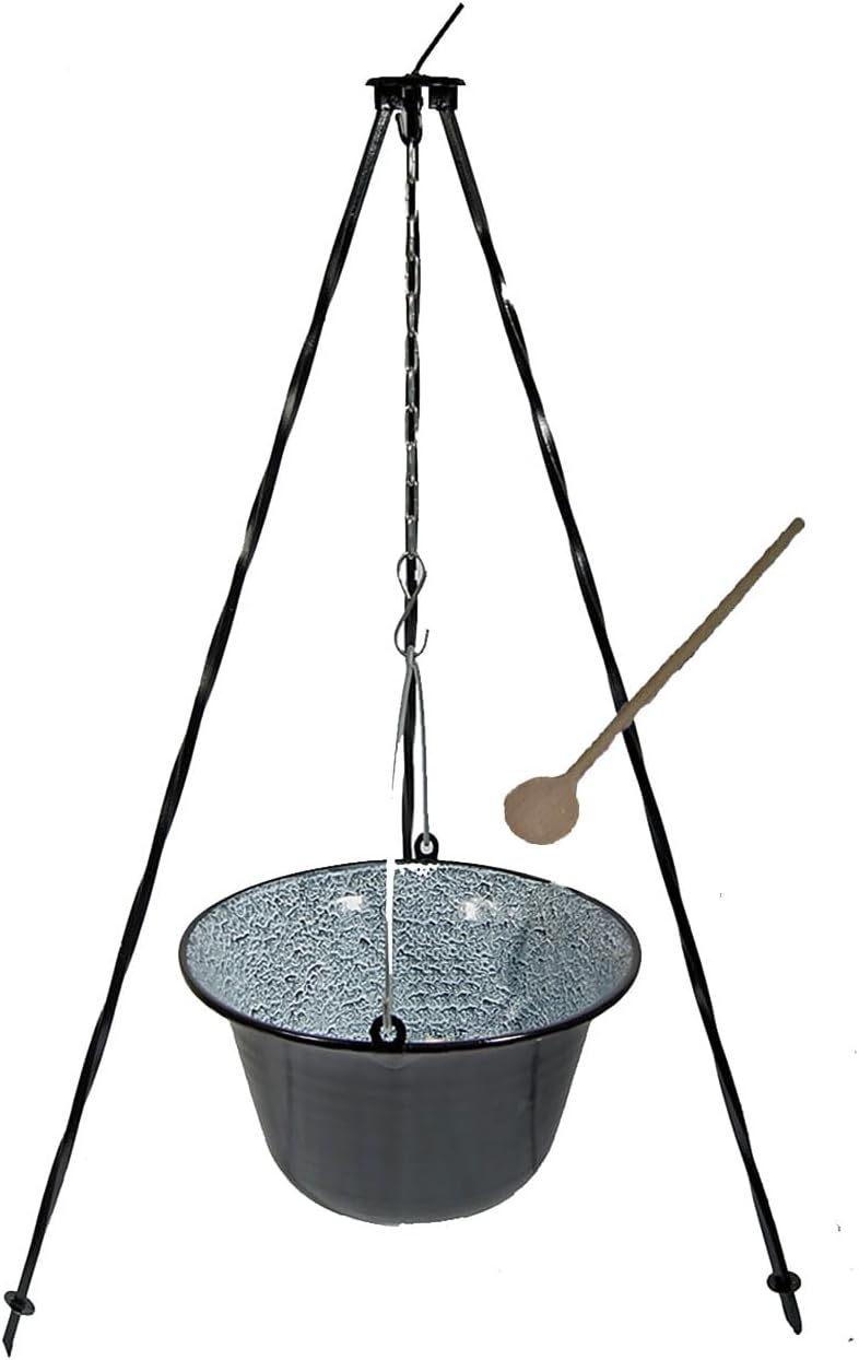 troph-e-shop Set Ungarischer Gulaschkessel Emaille 10 Liter + Dreibein 1,0 m + Kochlöffel Suppenkess
