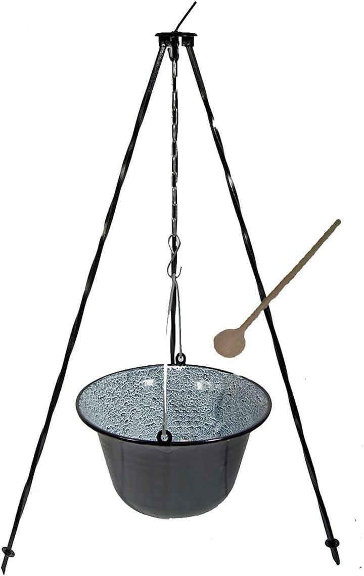 troph-e-shop Set Ungarischer Gulaschkessel Emaille 10 Liter + Dreibein 1,0 m + Kochlöffel Suppenkess