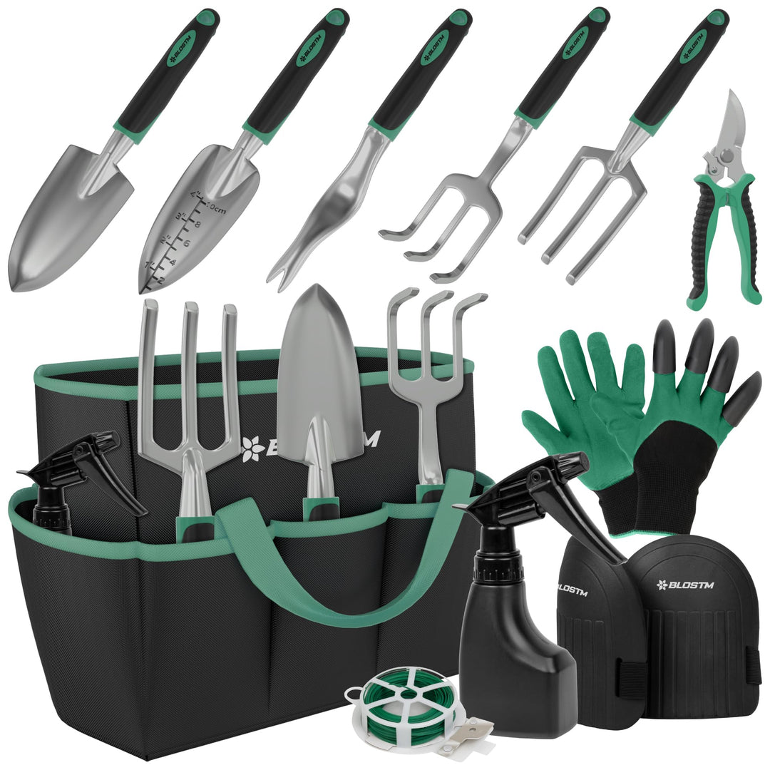 BLOSTM Gartenwerkzeug-Set, 11-teilig, robustes Gartengeräte-Set mit wasserdichter Tragetasche, rostf
