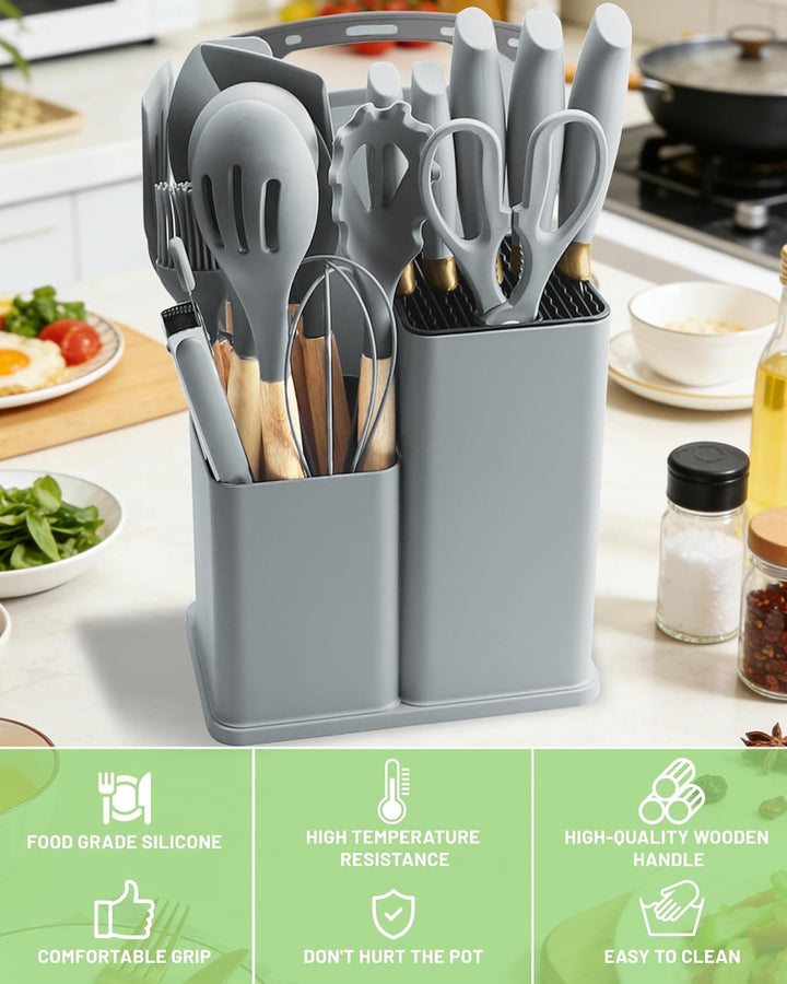 Küchenmesser Set 19-teilig – Küchenutensilien Set mit 5 Messer und 12 Silikon Küchenutensilien, Schn