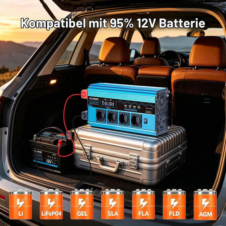 Wechselrichter 4000W Spannungswandler Reiner Sinus 12V 230V mit 4 Europäische Steckdose und 4 USB-An