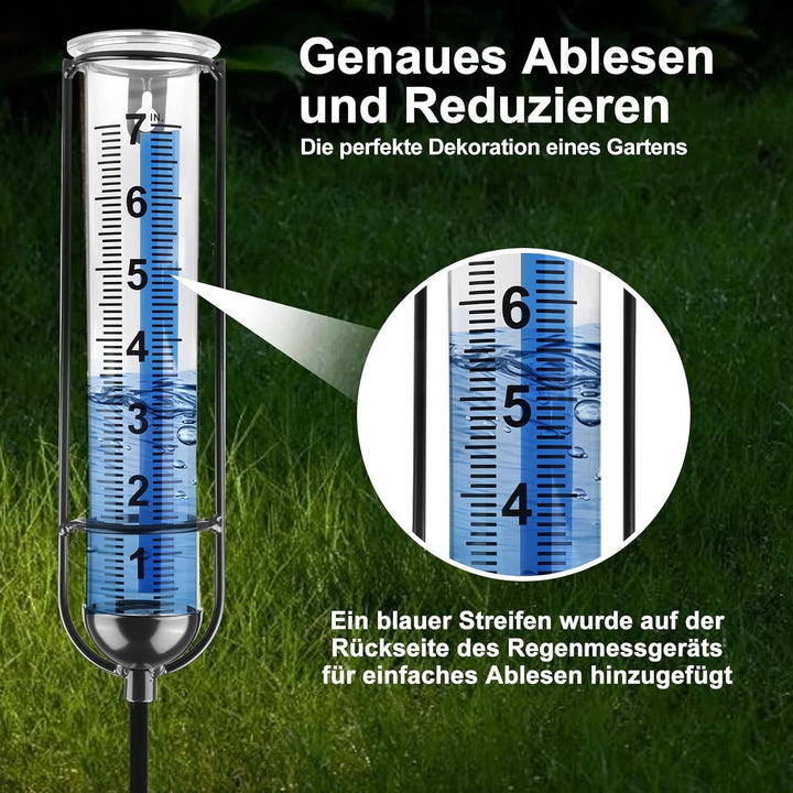 HOSPAOP Solar Regenmesser für Garten mit Erdspiess und LED, Niederschlagsmesser Frostsicher Glas für