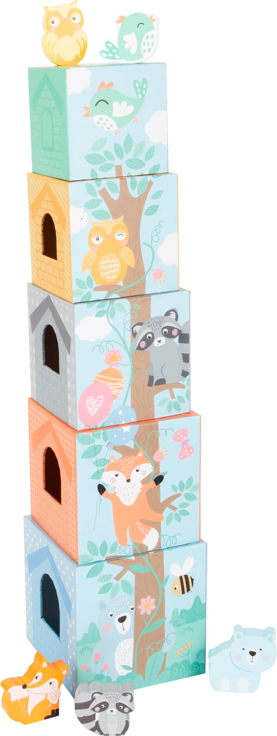 Small Foot Stapelwürfel Pastell aus Pappe mit Tierfiguren aus Holz, Stapelturm für Kleinkinder ab 12