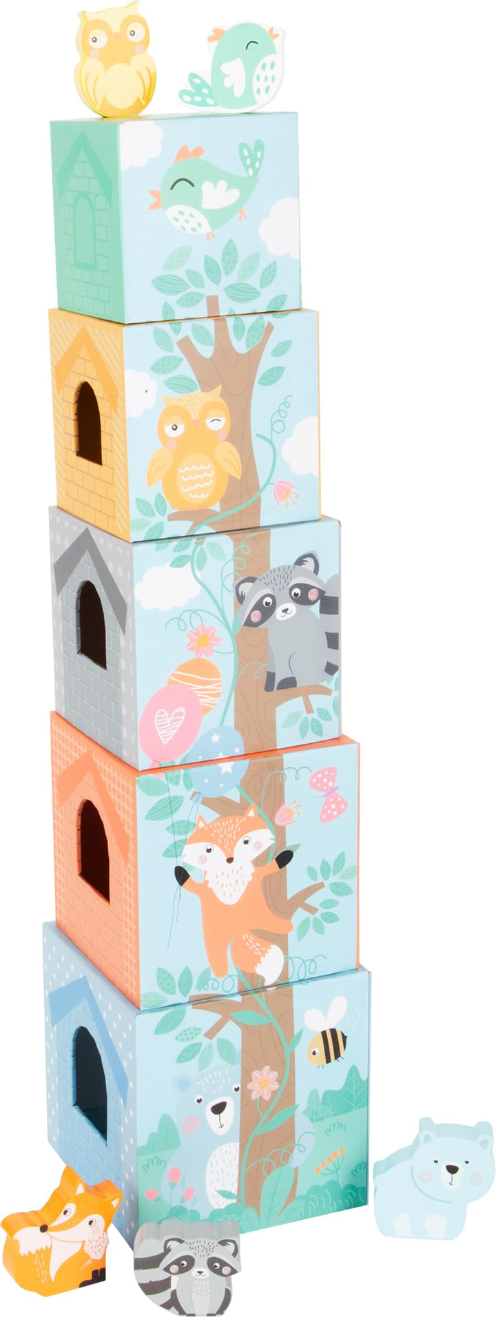 Small Foot Stapelwürfel Pastell aus Pappe mit Tierfiguren aus Holz, Stapelturm für Kleinkinder ab 12