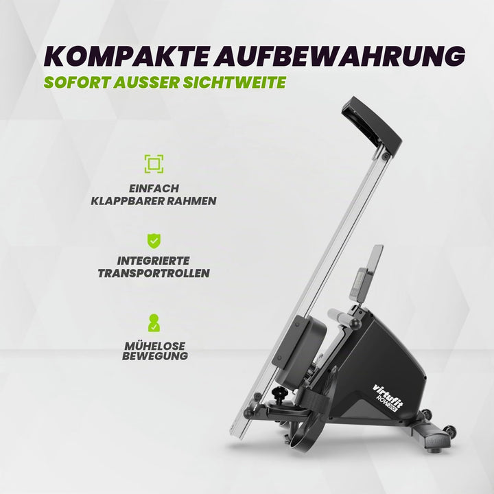 VirtuFit Row450 Rudergerät – Klappbar &amp; Leicht – Transportrollen – Platzsparend Fitnessgerät für Zuh