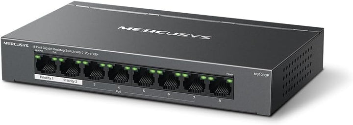 MERCUSYS MS108GP Gigabit RJ45 Switch, 8 Ports, 7 PoE+ Ports, PoE-Übertragung bis zu 250 Meter, Ether