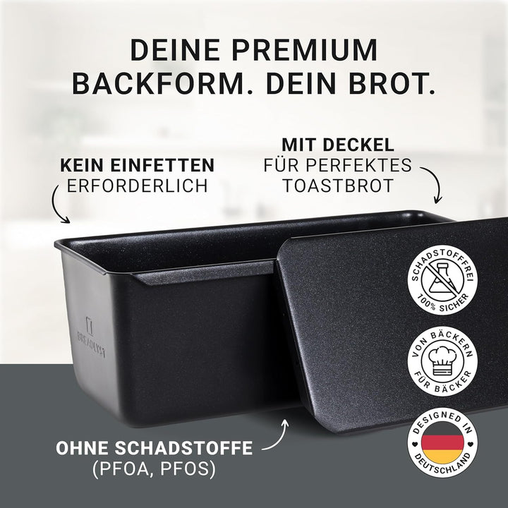 Premium Brotbackform mit Deckel – Extra hohe Kastenform, Toastbrot-Backform aus Kohlenstoffstahl mit