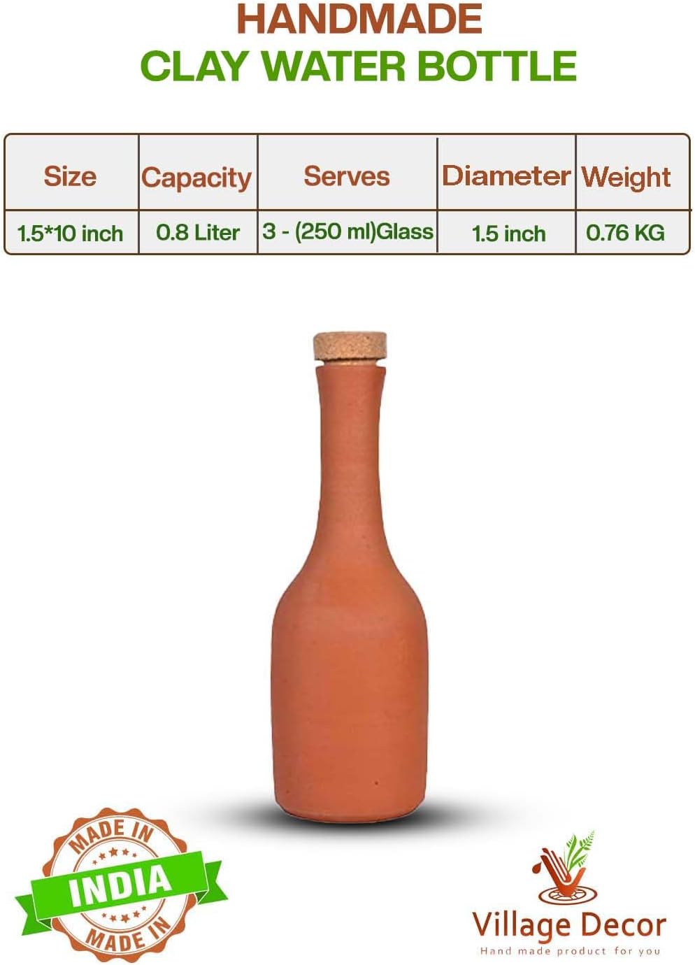Village Decor Unglasierte, handgefertigte Terrakotta-Wasserflasche mit Korken, 765 ml, vorgebrannte